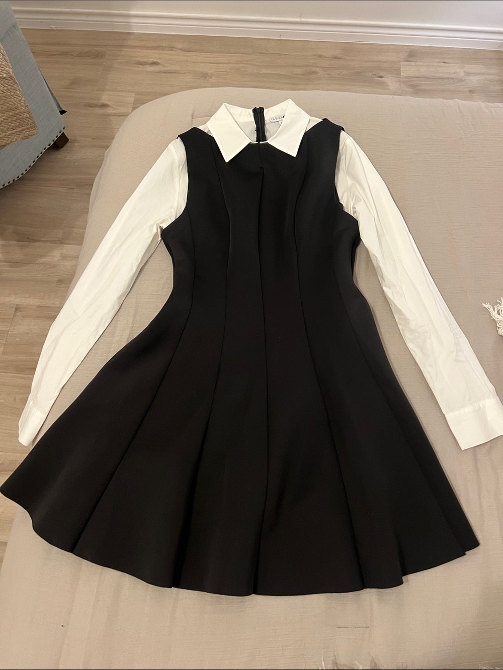 Fashion Nova Black Fit-and-Flare Dress with White Collar and Long White Sleeves